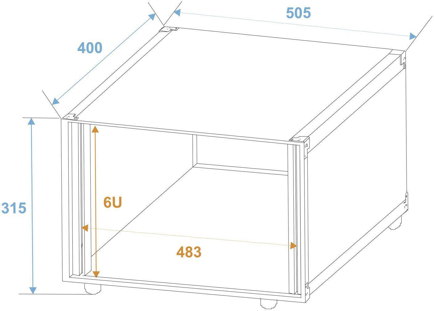 Schemat prostokątnej skrzynki z liniami wymiarowymi: szerokość 505 mm, głębokość 400 mm, wysokość 315 mm. Otwór przedni oznaczony jako '6U' o szerokości 483 mm.