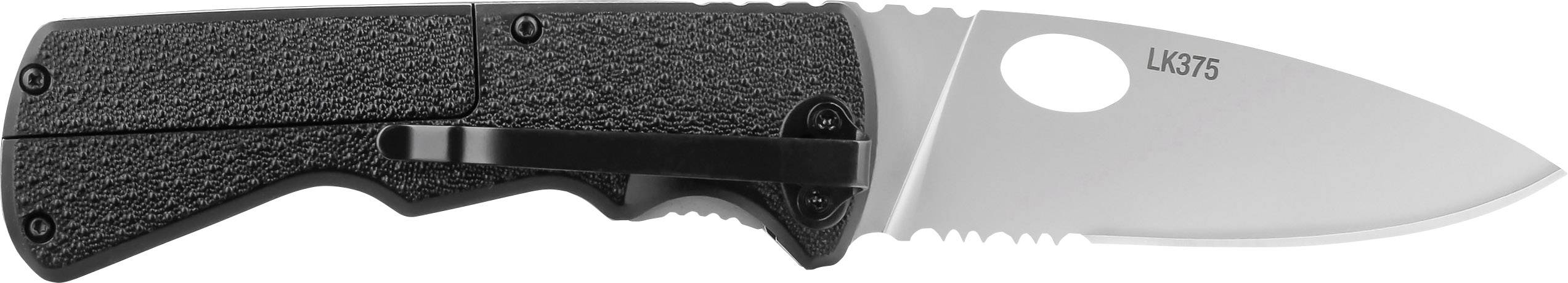 Czarny składany nóż z teksturowaną powierzchnią rękojeści i srebrnym ostrzem, sfotografowany z boku.