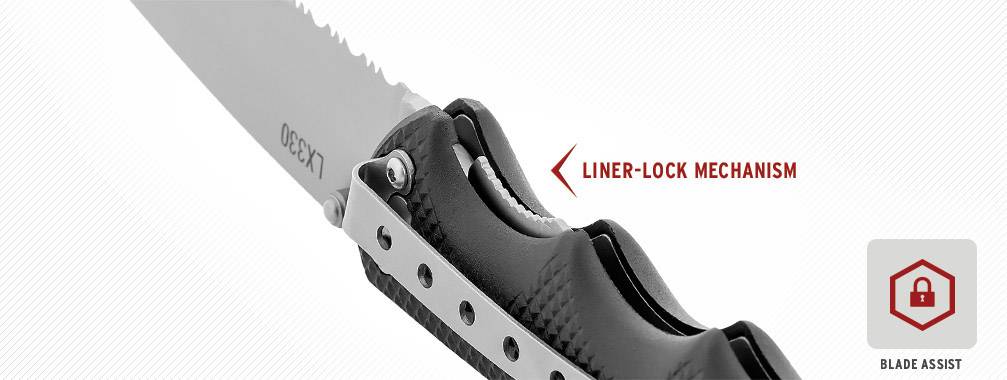 Nóż składany w zbliżeniu, prezentujący mechanizm liner-lock z tekstem "Mechanizm Liner-Lock". W prawym dolnym rogu ikona i tekst "Wspomaganie ostrza".