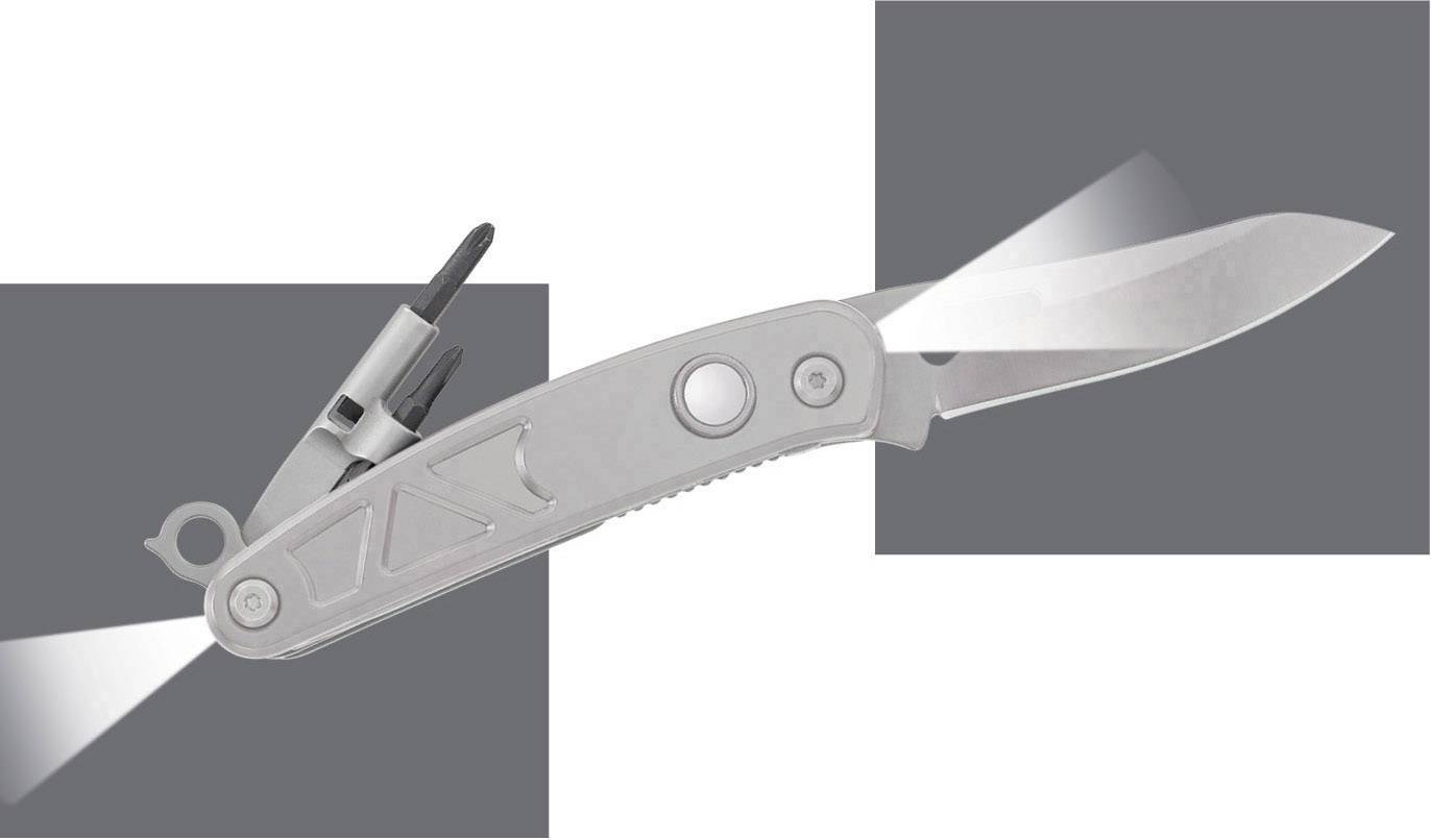 Wielofunkcyjny scyzoryk z rozłożonym ostrzem i narzędziami na szarym tle.