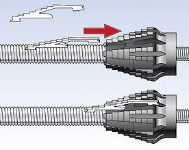 Dwa nakładające się na siebie odcinki gwintowane ze strzałką wskazującą kierunek łączenia.