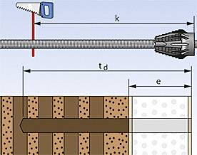 Diagram systemu mocowania: Na górze widoczna jest metalowa śruba z systemem kołków, na dole jej instalacja w ścianie. Wymiary to k, tₑ oraz e.