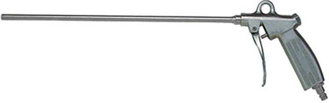 Metalowa dmuchawa z długą, wąską rurą i uchwytem przypominającym klamkę. Narzędzie prawdopodobnie służące do czyszczenia za pomocą sprężonego powietrza.