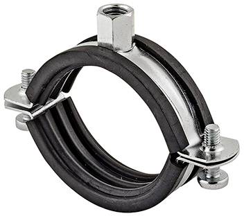 Metalowa obejma rurowa z wkładką gumową, stosowana do mocowania rur, wyposażona w dwie śruby do dokręcania.