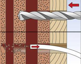 Ilustracja wiertła przewiercającego się przez ścianę z cegły i drewna. Podczas wiercenia powstaje pył. Strzałka wskazuje kierunek wiercenia.