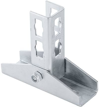 Metalowy stojak z regulowanym systemem mocowania, odpowiedni do zamocowania pionowych elementów konstrukcyjnych.