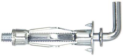 Metalowy kołek do pustych ścian z wkrętem i hakiem, przeznaczony do montażu w ścianach gipsowo-kartonowych.