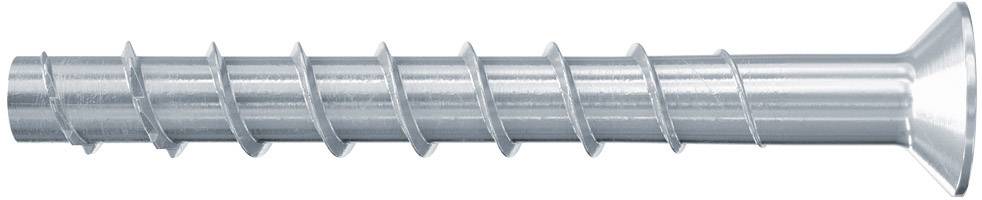 Srebrny kołek rozporowy z ząbkowanym trzpieniem i płaską główką, odpowiedni do twardych materiałów takich jak beton lub kamień.