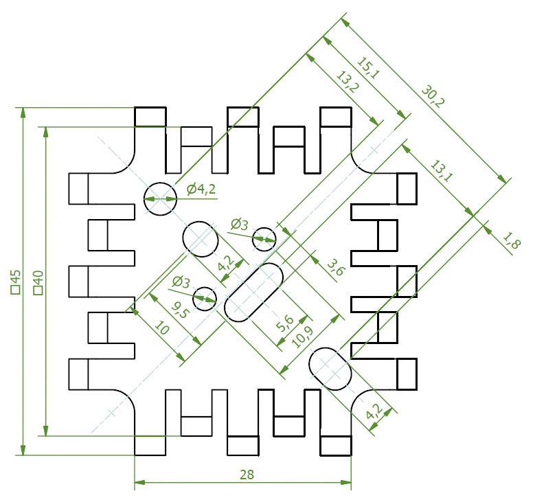 Rysunek techniczny radiatora z wymiarowaniem oraz pozycjami otworów, przedstawiający żebra chłodzące, rozmiary otworów i ich rozstawy.