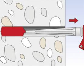 Diagram mechanizmu kołka w ścianie. Kołek rozszerza się, gdy wkręt jest dokręcany, aby zapewnić pewne mocowanie.