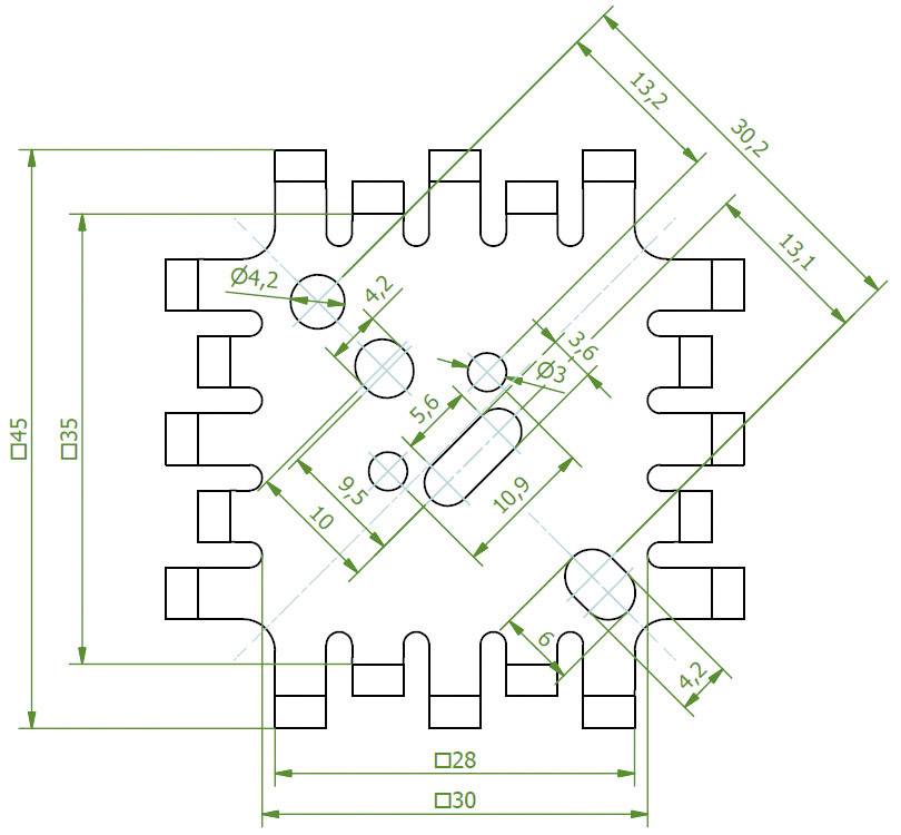 Rysunek techniczny elementu z wymiarami i kątami, przedstawiający otwory i wycięcia w prostokątnym układzie.