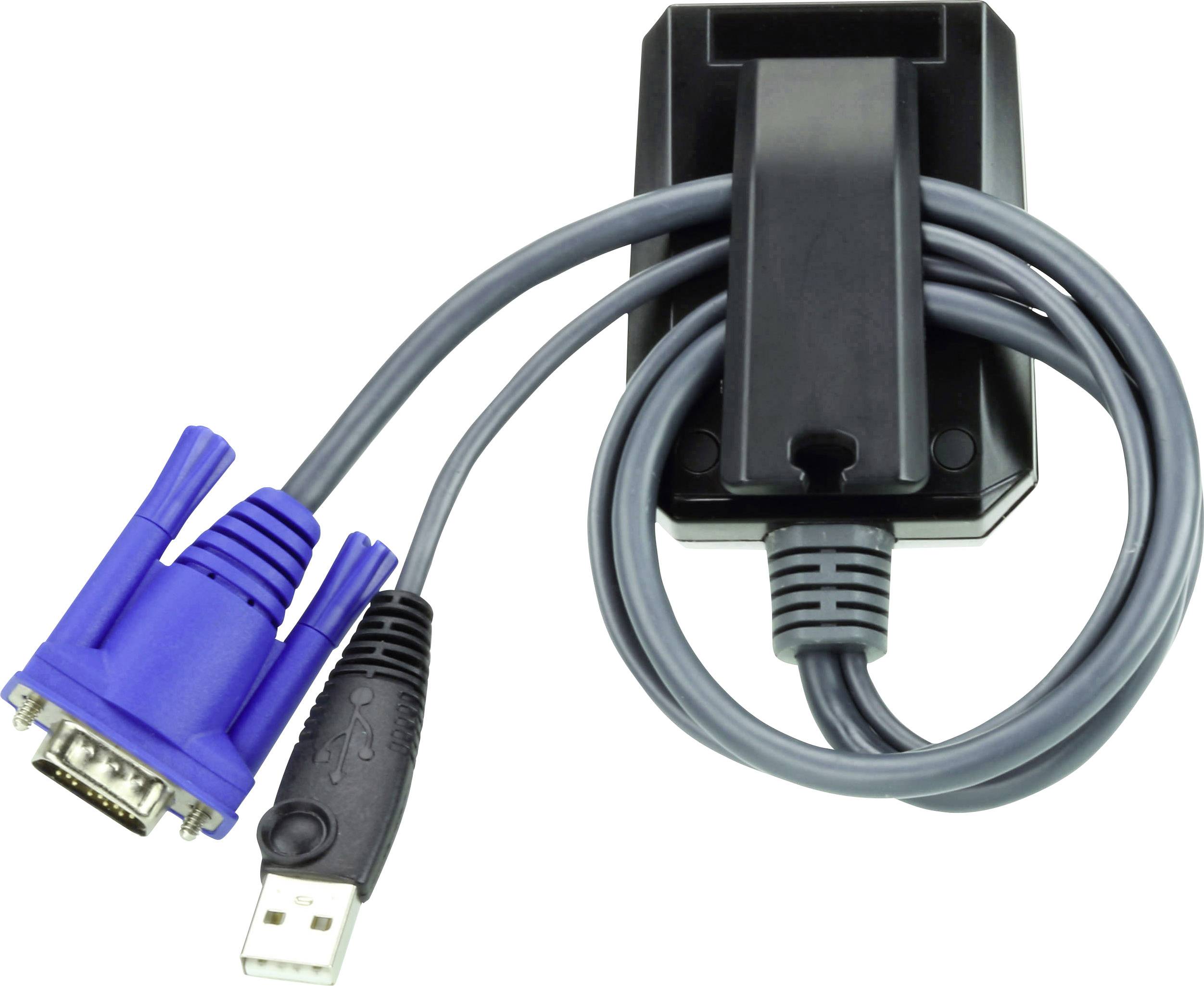 Czarny sprzęt elektroniczny z podłączonym niebieskim złączem VGA i kablem USB. Służy do łączenia komputerów z monitorami.