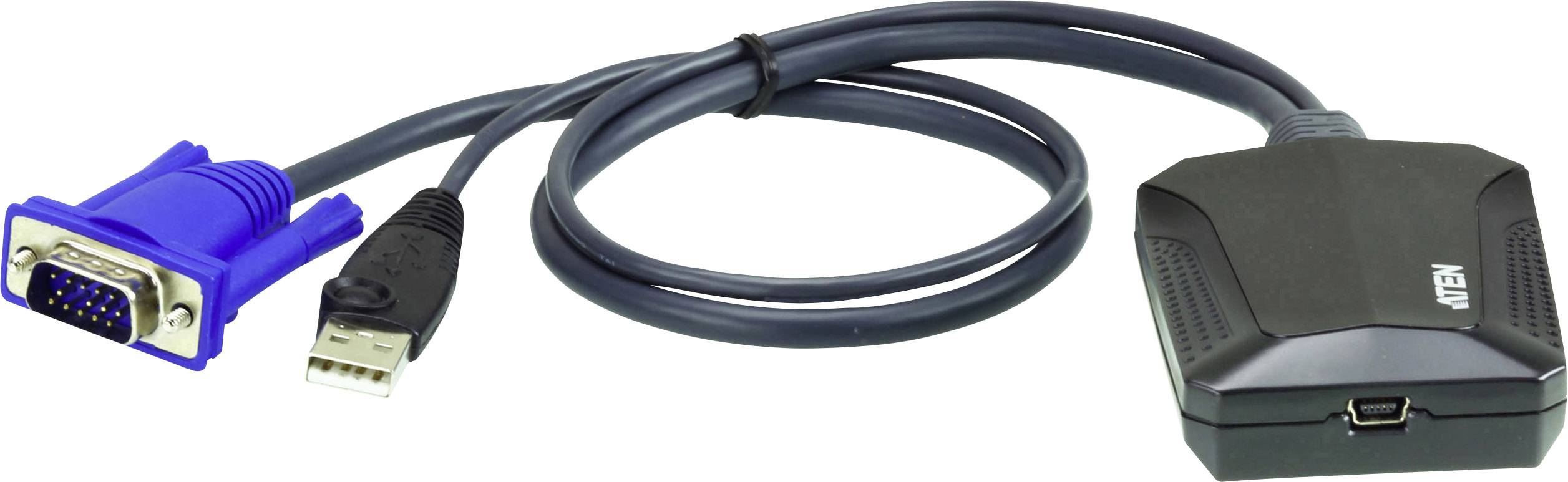 'Adapter VGA do HDMI z niebieskim wtykiem VGA i czarnym wyjściem HDMI, połączony czarno-szarym przewodem.'