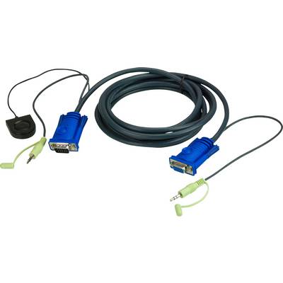 Dwa długie kable z niebieskimi wtyczkami VGA i zielonymi wtyczkami audio 3,5 mm. Stosowane do przesyłania sygnału wideo i audio.