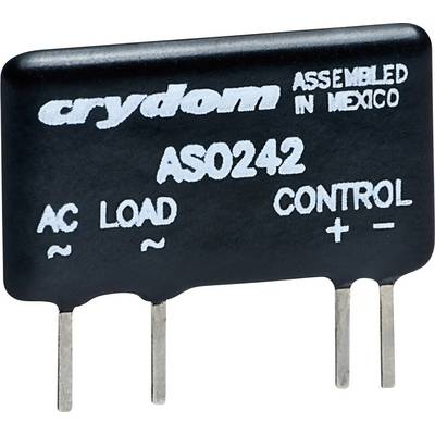 Czarny element elektroniczny z czterema metalowymi pinami. Napis: 'crydom AS0242 WYPRODUKOWANY W MEKSYKU'. Oznaczenia dla OBCIĄŻENIA AC i STEROWANIA.