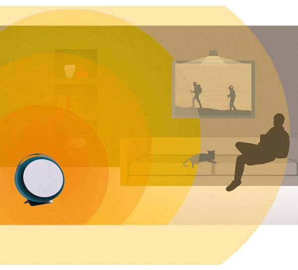 Salon z osobą siedzącą na kanapie, dekoracyjną lampą oraz obrazem wiszącym na ścienie. Sylwetka kota widoczna w pomieszczeniu.