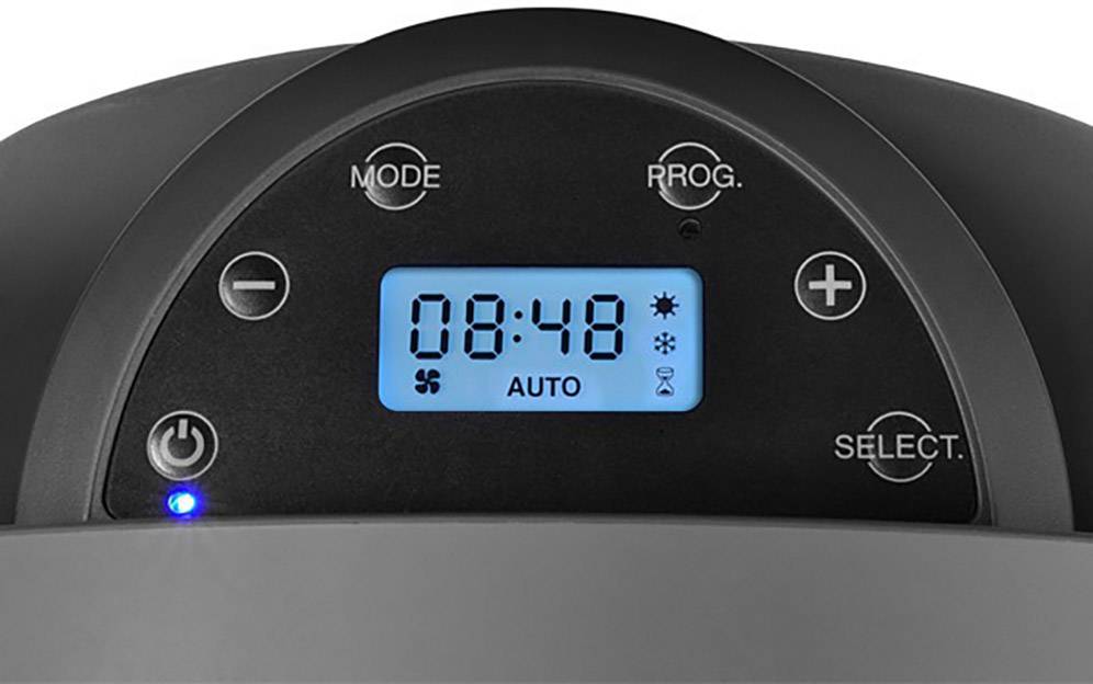 Cyfrowy wyświetlacz ekspresu do kawy pokazujący godzinę '08:48' oraz ustawienie 'AUTO'. Widoczne są przyciski sterujące i kontrolki.