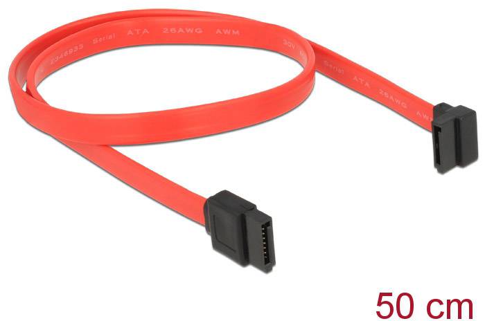 Czerwony kabel danych SATA o długości 50 cm z czarnymi wtyczkami na obu końcach.