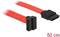 Czerwony kabel SATA, długości 50 cm, z dwoma czarnymi wtyczkami; jedna prosta, druga pod kątem prostym.
