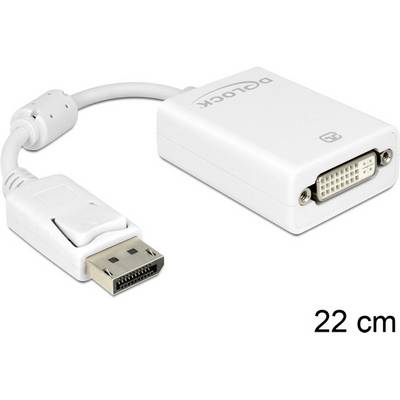 Adapter 'DeLock' z 22-centymetrowym przewodem, wtyk DisplayPort do gniazda DVI. Biały, kompaktowy, do połączeń wideo między urządzeniami.