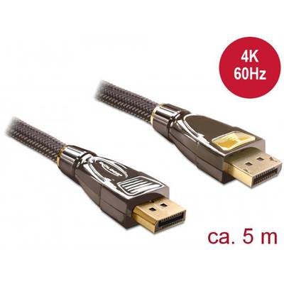 Kabel DisplayPort z oplotem nylonowym, odpowiedni dla rozdzielczości 4K przy 60 Hz, długość około 5 m. Dwa wtyki ze złoconymi stykami.