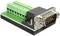 Adapter z wtyczką DB9 na listwy zaciskowe pokazuje element elektroniczny z zielonymi listwami zaciskowymi i srebrną wtyczką DB9.