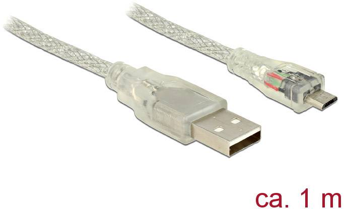 Delock Kabel USB USB 2.0 Złącze męskie USB-A, Złącze męskie USB Micro-B 1.00 m przeźroczysty z rdzeniem ferrytowym 83898