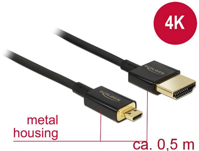 Кабель HDMI Delock HDMI-A штекер, роз'єм HDMI Micro D 0,50 м чорний 84788 4K UHD, позолочені контакти Кабель HDMI