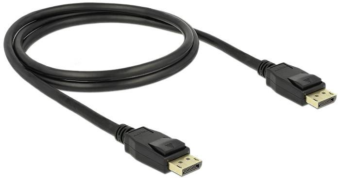 Czarne złącze DisplayPort z pozłacanymi wtyczkami. Służy do przesyłania sygnałów audio i wideo, np. z komputera do monitora.
