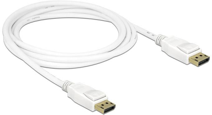 Białyc kabel DisplayPort z dwoma złączami, odpowiedni do połączenia między monitorem a komputerem do przesyłania wideo w wysokiej rozdzielczości.