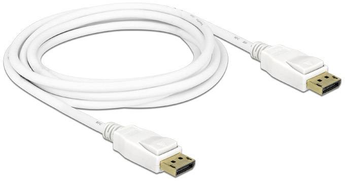 Białny kabel DisplayPort z dwoma wtyczkami na końcach, odpowiedni do podłączania monitorów do komputerów lub innych urządzeń.