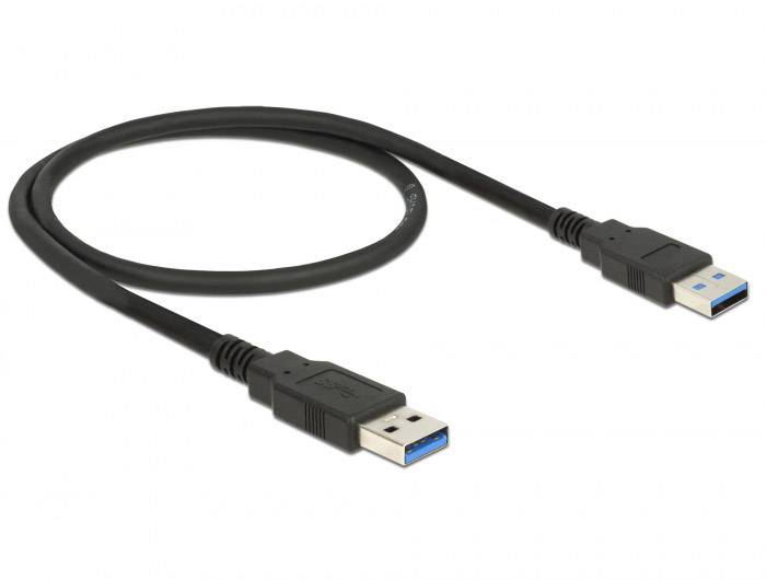Czarny kabel USB z wtyczkami USB na obu końcach, przeznaczony do łączenia urządzeń wyposażonych w złącza USB.