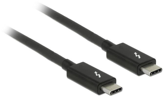 Dwa czarne kable USB-C z logo Thunderbolt na białym tle.