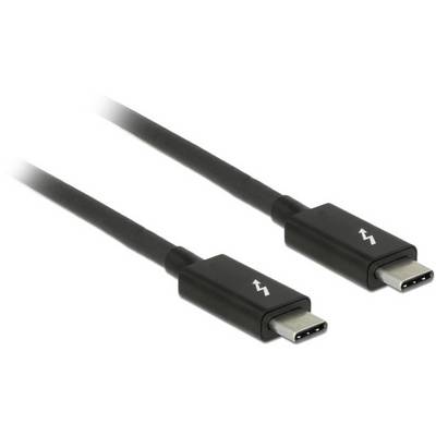 Dwa kable Thunderbolt 3 USB-C z symbolem na wtyczkach; przeznaczone do szybkiej transmisji danych między urządzeniami.