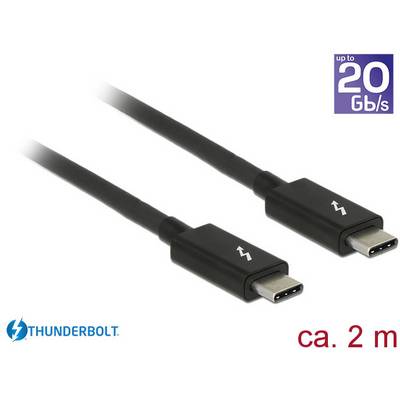 Czarny kabel Thunderbolt z wtyczkami USB-C, długości około 2 metrów, obsługujący prędkość transmisji do 20 Gb/s.