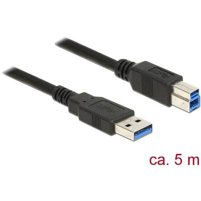 Czarny kabel USB, długości około 5 metrów, z wtyczką standardową USB-A po jednej stronie i wtyczką USB-B po drugiej stronie.