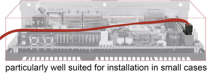 Urządzenie elektroniczne w obudowie. Tekst: 'szczególnie dobrze nadaje się do montażu w małych obudowach'.