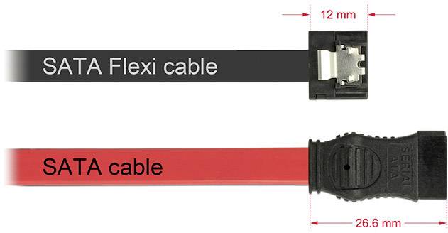 Porównanie kabla SATA Flexi i kabla SATA. Kabel Flexi 12 mm, czarny wtyk; kabel standardowy 26,6 mm, czerwony wtyk.