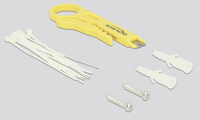 Żółte narzędzie monterskie Delock z opaskami zaciskowymi, kołkami i śrubami na szarym tle, prawdopodobnie materiały montażowe.