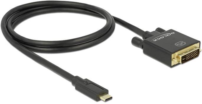 Czarny kabel z złączem USB-C po jednej stronie i złączem DVI po drugiej, służący do podłączania urządzeń.