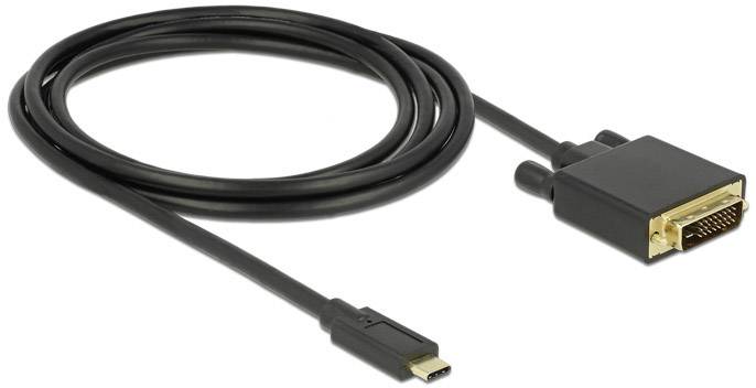 Czarny kabel z wtyczkami USB-C i DVI, odpowiedni do podłączania urządzeń z różnymi interfejsami.