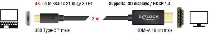 Ilustracja przewodu o długości 2 m z wtyczką USB Type-C na wtyczkę HDMI-A 19-pinową. Obsługuje rozdzielczość 4K o wymiarach 3840 x 2160 przy 30 Hz oraz wyświetlanie 3D.