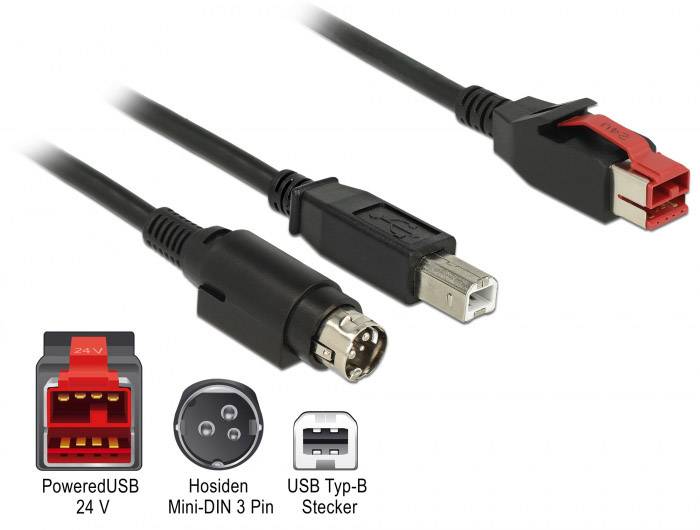 Trzy przewody z wtyczkami; PoweredUSB 24 V, Hosiden Mini-DIN 3-pinowy, wtyk USB Typ-B. Ułożone od lewej do prawej.