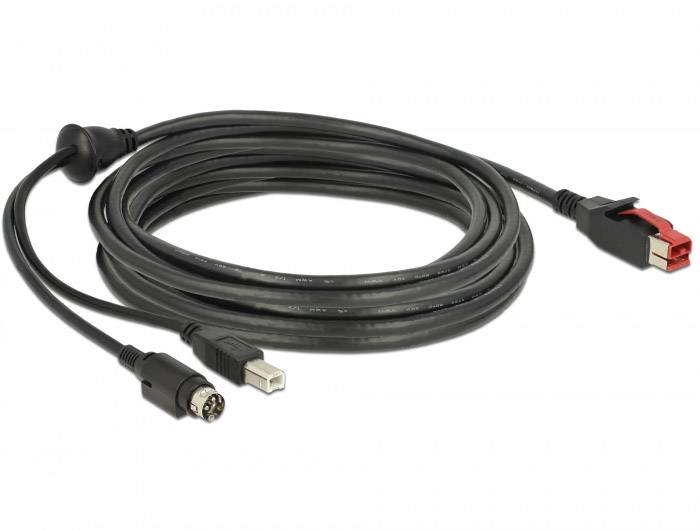 Długi, czarny kabel z czterema różnymi złączami: USB, Mini-DIN, RJ-12 oraz płaskim, czerwonym klipsem na końcu.