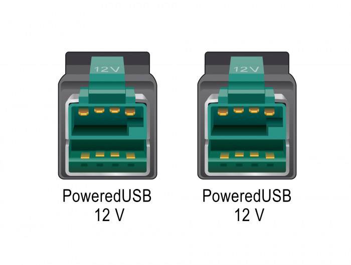 Dwa wtyki PoweredUSB z oznaczeniem '12 V'. Oba wtyki są zielone i mają identyczną budowę.