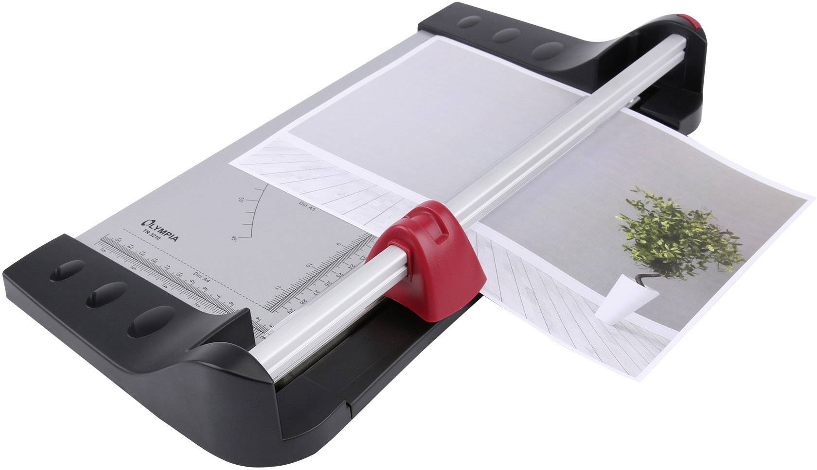 Gilotyna do papieru z linijką i uchwytem tnie prostokątny arkusz papieru z rysunkiem rośliny na brzegach.