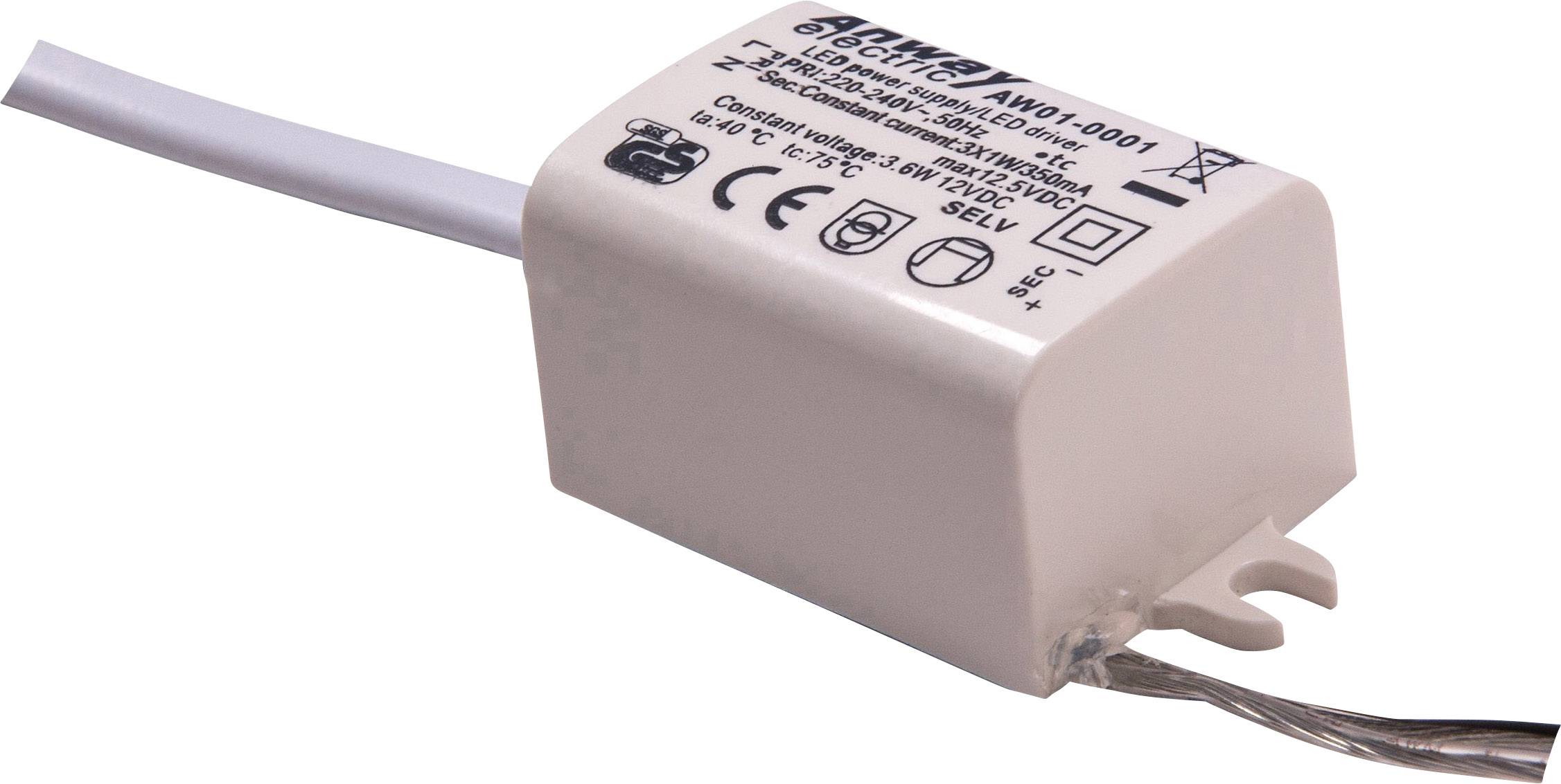 Prostokątny element elektryczny z przewodem, na którym znajdują się symbole i dane techniczne, takie jak 'Sterownik LED 1-3 W 12 VDC'.