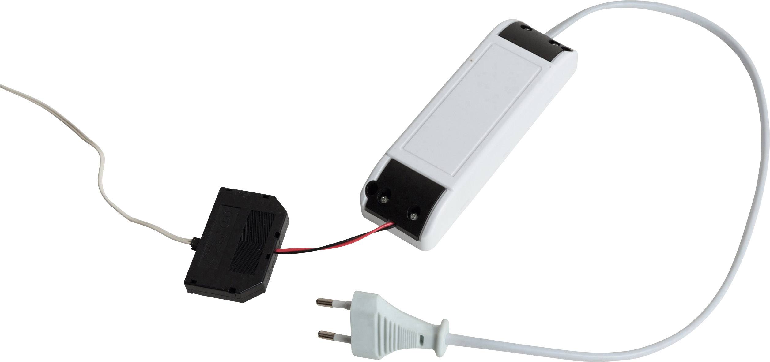 'Urządzenie elektryczne składające się z dwóch połączonych elementów: prostokątnej czarnej i podłużnej białej obudowy z przewodem i wtyczką.'