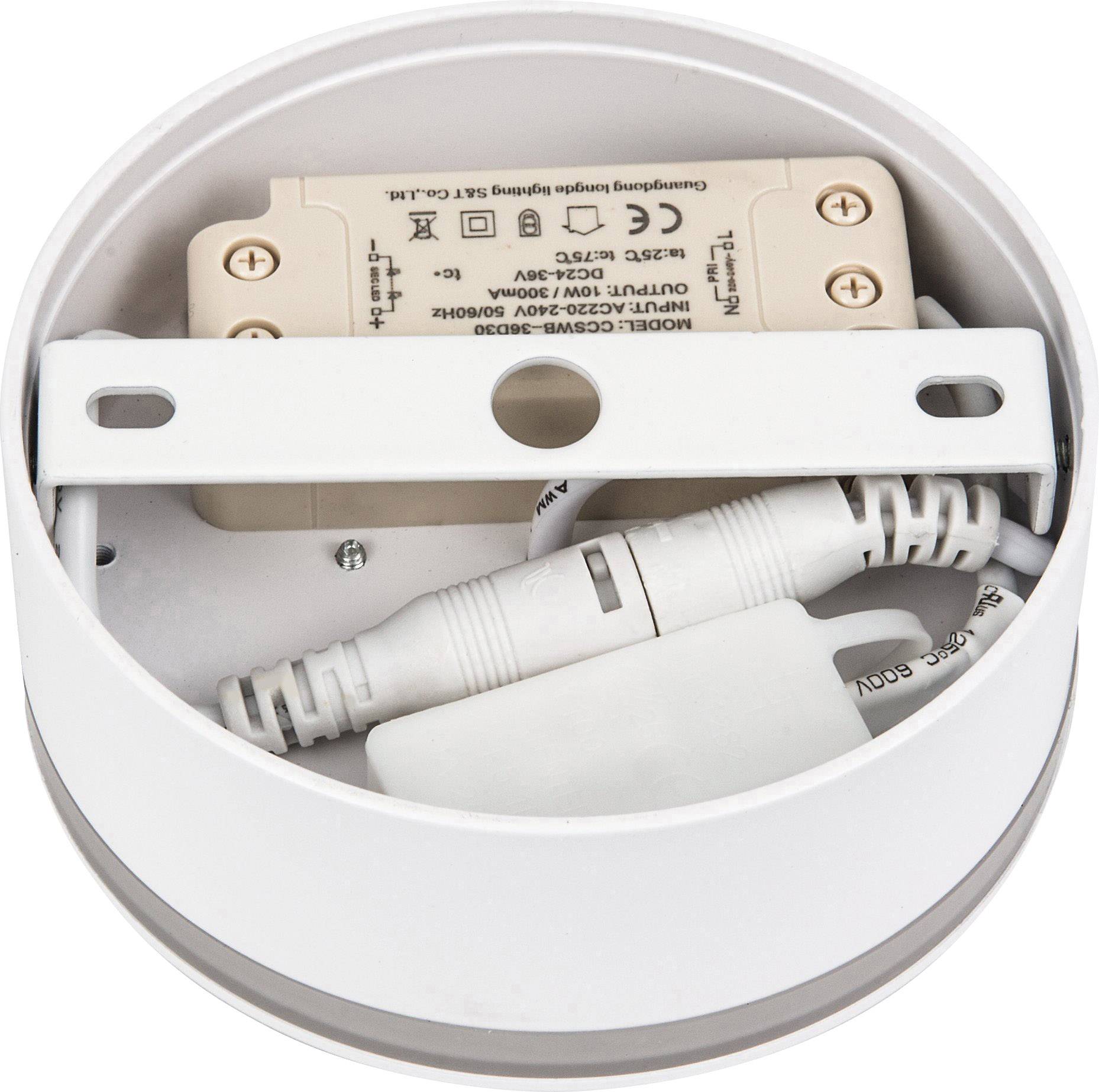 Okrągła elektryczna skrzynka przyłączeniowa z widocznymi przewodami i elementami łączeniowymi, przeznaczona do montażu na ścianie lub suficie.