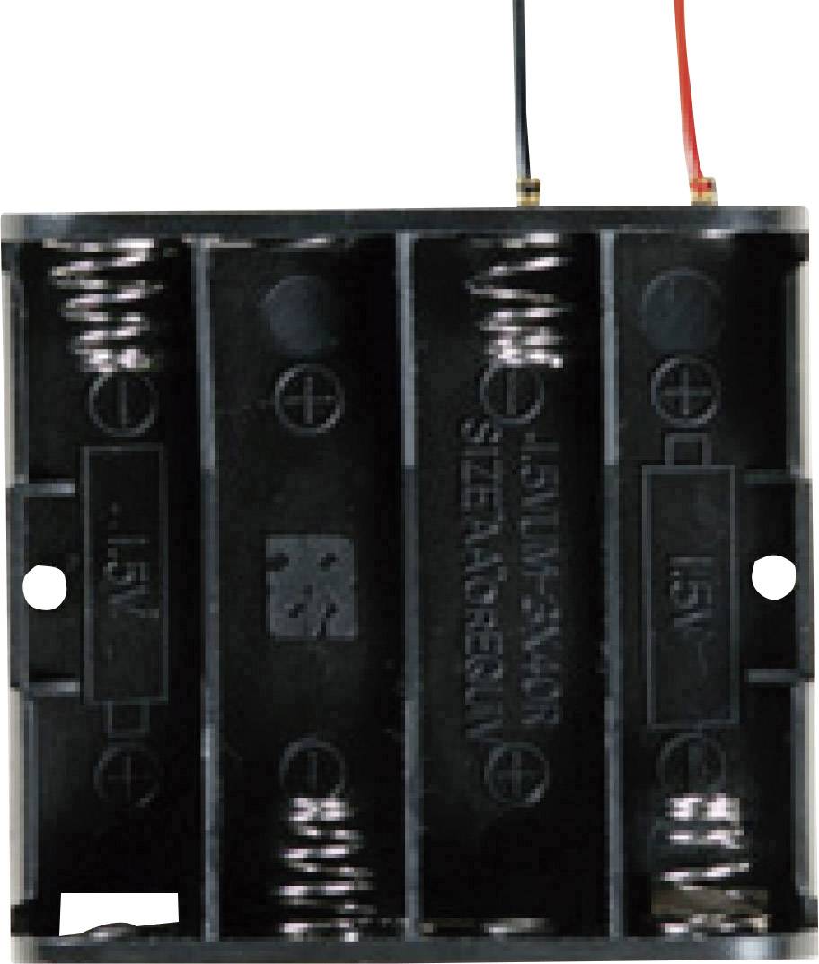 Czarne plastikowe etui na trzy baterie AA z dwoma przewodami - czarnym i czerwonym - po prawej stronie.